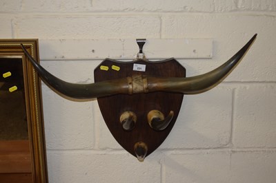 Lot 221 - A coat rack formed from cow horns on an oak...