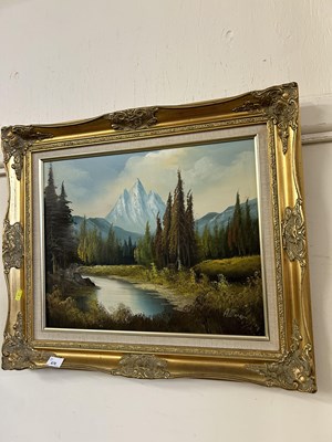 Lot 676 - An Alpine landscape view, oil on canvas, gilt...