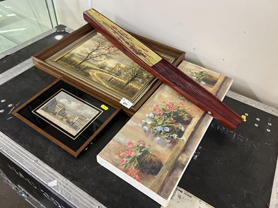 Lot 677 - Three assorted pictures and a large Chinese fan