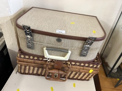 Lot 678 - A wicker picnic hamper and a retro suitcase...