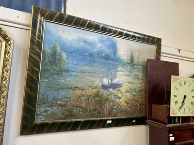 Lot 707 - Swans on a Lake, oil on canvas, framed