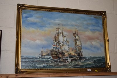 Lot 32 - Melville, a study of warships, oil on canvas,...