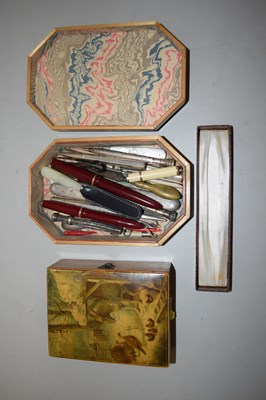 Lot 90 - Two decorated boxes various assorted pens etc