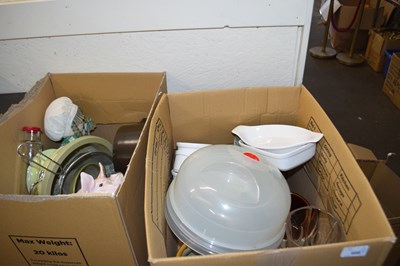 Lot 609 - Two boxes of assorted kitchen wares, glass...