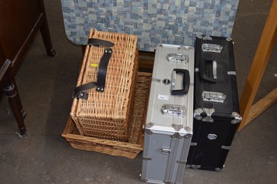 Lot 774 - A wicker hamper, a wicker tray and two metal...