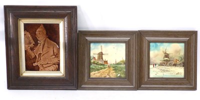 Lot 81 - Group of three framed tiles, two with Dutch...