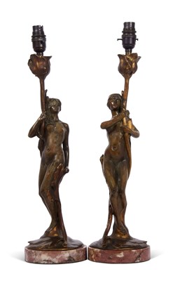 Lot 505 - Pair of Art Nouveau patinated bronze figural...