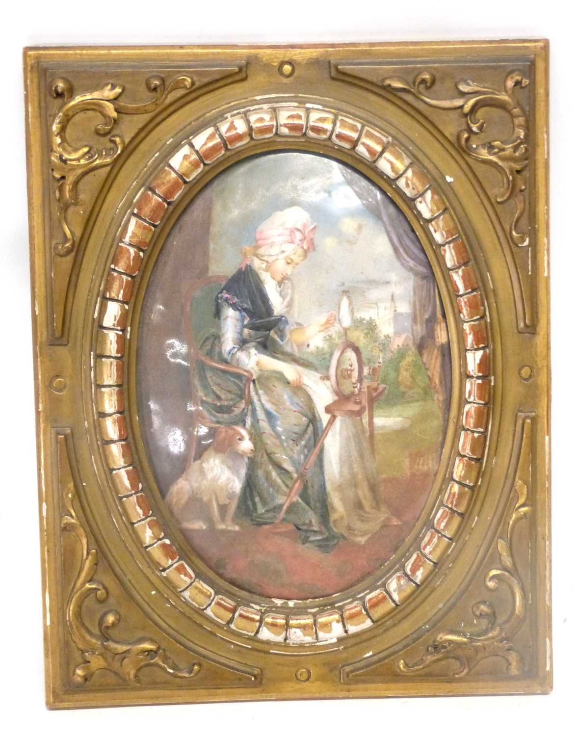 Lot 103 - Painted oval plaque on metal, of a lady sewing,...