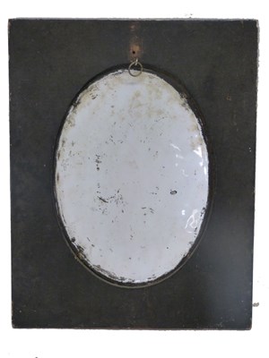 Lot 103 - Painted oval plaque on metal, of a lady sewing,...