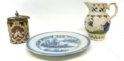 Lot 133 - English Delft plate, Pratt ware jug and...