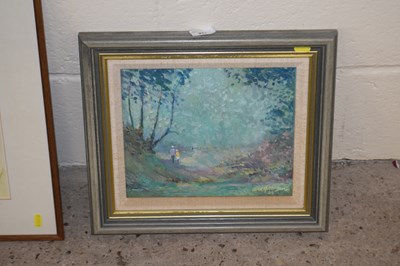 Lot 251 - Oil on board of a woodland scene with figures...