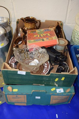 Lot 527 - Two boxes of assorted ornaments, ceramics,...