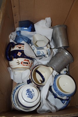 Lot 536 - One box of assorted china, pewter tankards etc