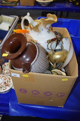 Lot 596 - Box of assorted china wares, glass vases,...