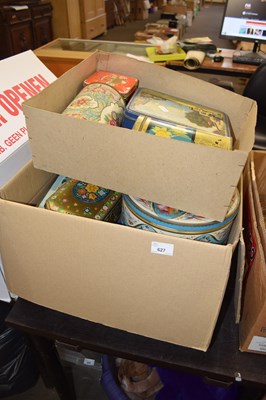 Lot 627 - Two boxes of assorted vintage tins etc