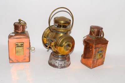 Lot 208 - Series of copper lamps, one marked 'Bryer &...