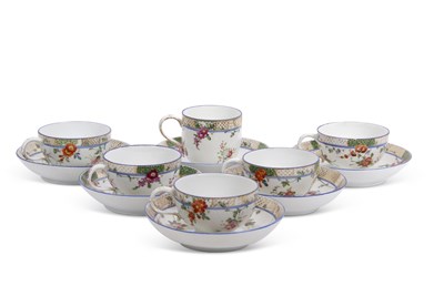 Lot 33 - Six Meissen cups and saucers all with painted...