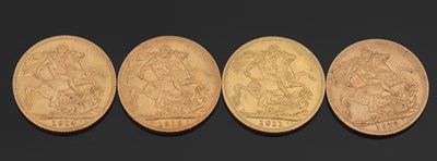 Lot 480 - Four early 20th century sovereigns, 1911, 1912,...