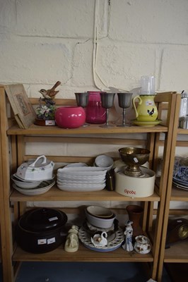 Lot 505 - THREE SHELVES OF MIXED CERAMICS AND OTHER ITEMS