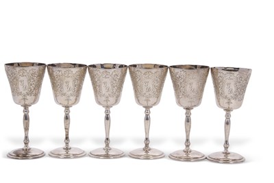 Lot 306 - A cased set of six silver goblets, the goblet...