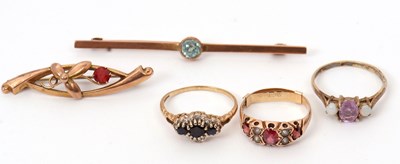 Lot 107 - Two9ct rings, a silver gilt gemset ring and...