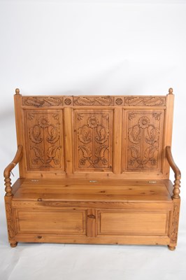 Lot 362 - Contemporary pine settle with panelled back...