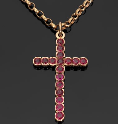 Lot 453 - A 9ct ruby cross pendant and chain, the cross...