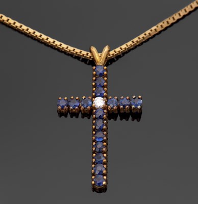 Lot 419 - A 9ct sapphire and diamond cross pendant and...