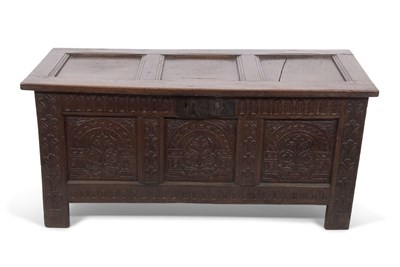 Lot 543 - An 18th Century oak coffer with panelled...