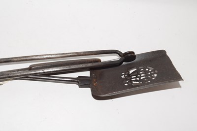 Lot 386 - Set of three steel fire tools and pair of fire...