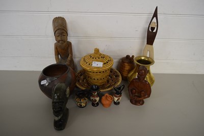 Lot 7 - AFRICAN POTTERY WARES, VARIOUS CARVED WOODEN...
