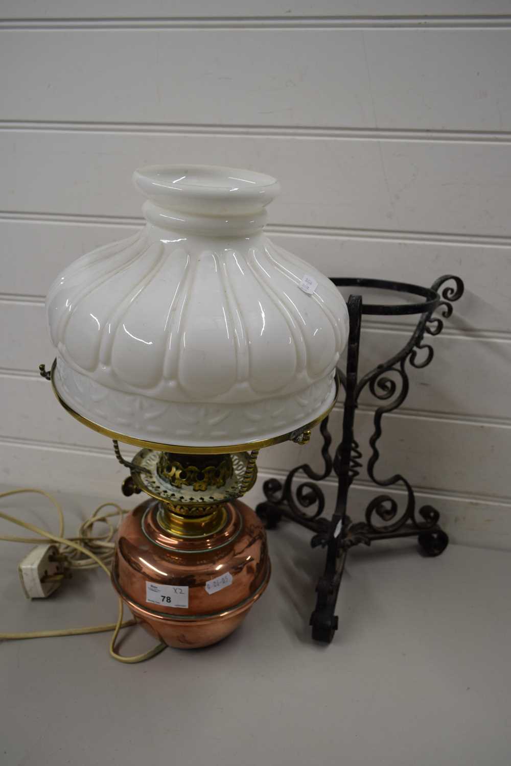 Lot 78 - COPPER OIL LAMP WITH WHITE MOULDED SHADE ON...