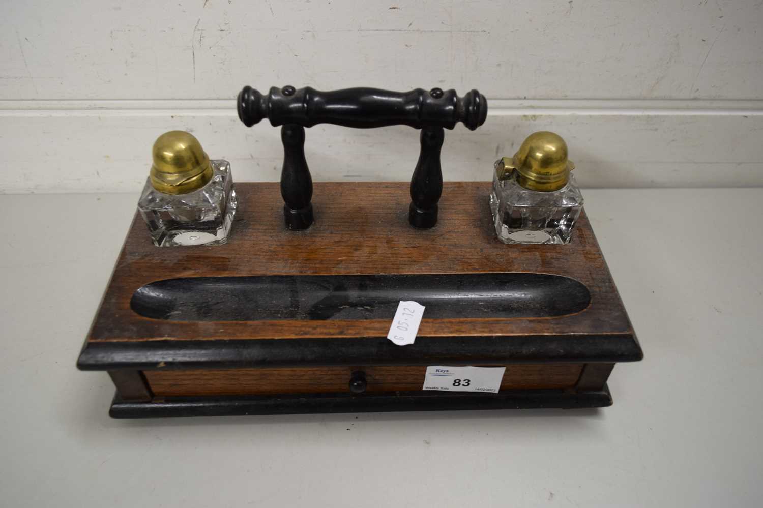 Lot 83 - WOODEN DESK SET WITH TWO INKWELLS WITH BRASS...