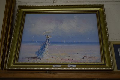 Lot 195 - 20th Century study of a lady on a beach, oil...