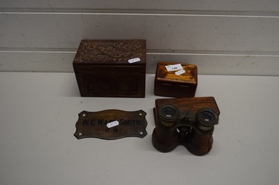Lot 146 - THREE SMALL WOODEN BOXES, PAIR OF BINOCULARS...