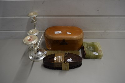 Lot 150 - WOODEN JEWELLERY BOX, ONYX ASHTRAY AND BRUSHES