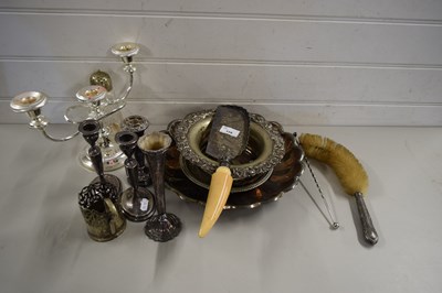 Lot 158 - GROUP OF PLATED WARES, CANDLESTICKS, SERVING DISH
