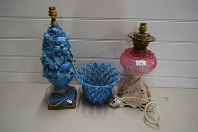 Lot 173 - POTTERY BASKET, OIL LAMP ON METAL STAND ETC