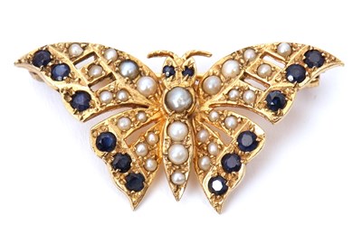 Lot 102 - A 9ct sapphire and cultured pearl butterfly...