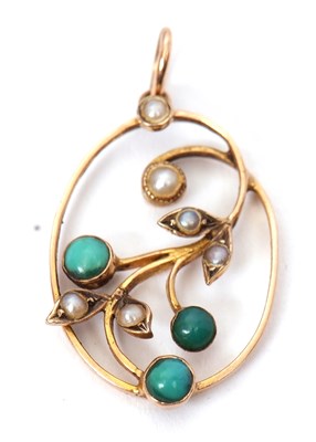 Lot 117 - A turquoise and seed pearl pendant, the oval...