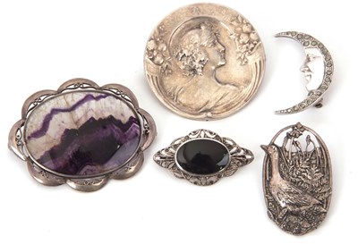 Lot 190 - Five brooches: to include an oval Blue John...