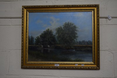 Lot 215 - A J Banham, figures at a lock gate, oil on...