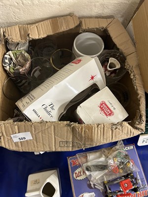 Lot 509 - Box of assorted glass ware and pint glasses etc