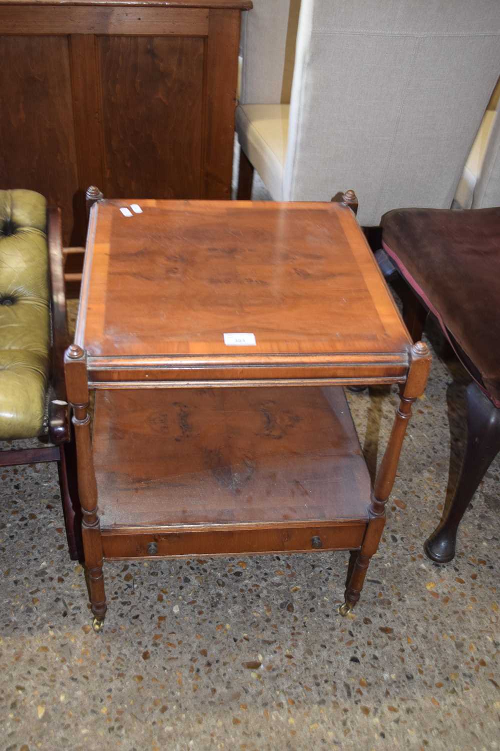 Lot 383 - YEW WOOD VENEERED TWO-TIER LAMP TABLE