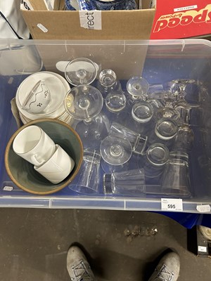 Lot 595 - Box of assorted ceramics and glass ware