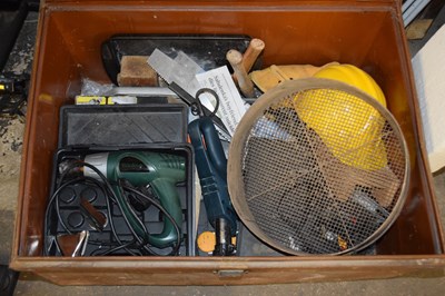 Lot 826 - Large tin trunk and various assorted tools