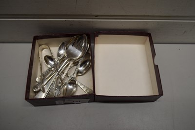 Lot 131 - BOX CONTAINING SILVER PLATED SPOONS AND SUGAR...