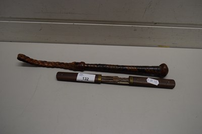 Lot 132 - LEATHER CUDGEL AND A TRAVELLING KNIFE AND FORK...
