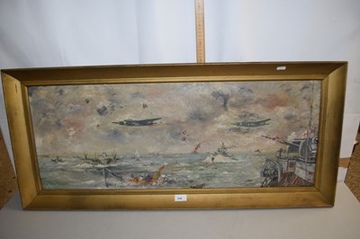 Lot 246 - Wartime naval battle scene, oil on board, gilt...