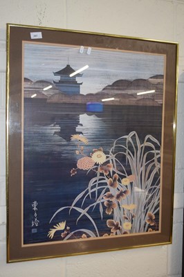 Lot 257 - Reproduction Oriental print, Lakeside scene